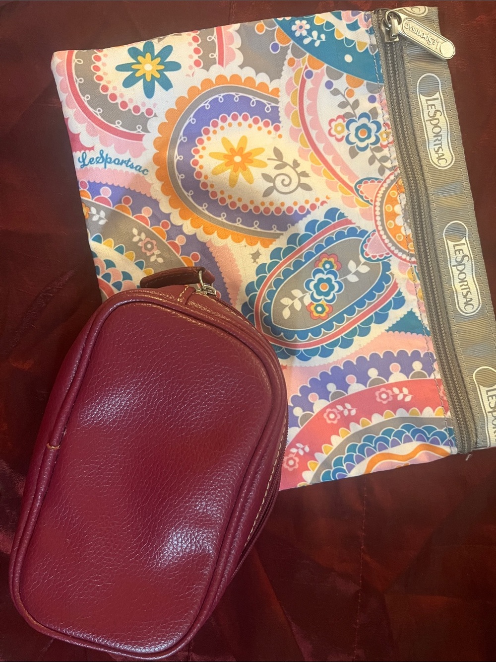 LeSportsac Multicolor Paisley Cosmetic Pouch with Burgundy Leather Mini Case 12